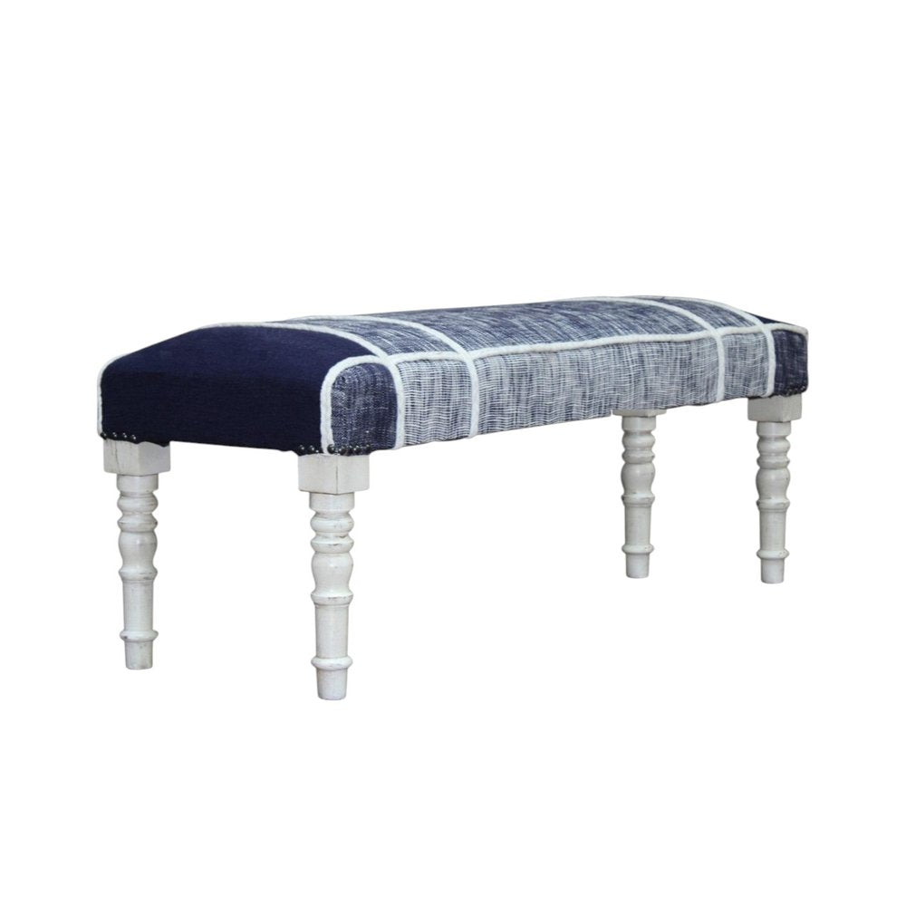47" Navy Blue And White Cotton And Solid Wood Upholstered Bench