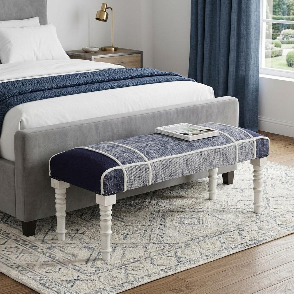47" Navy Blue And White Cotton And Solid Wood Upholstered Bench
