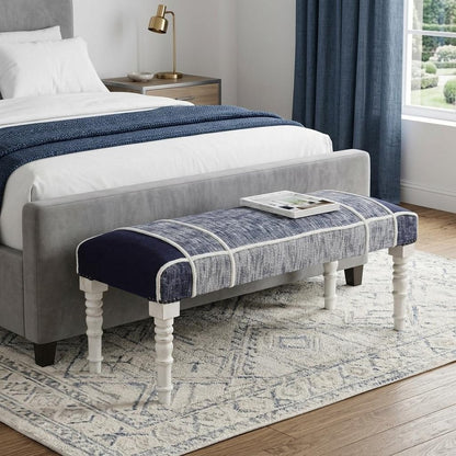 47" Navy Blue And White Cotton And Solid Wood Upholstered Bench