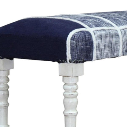 47" Blue And Gray Textural White Leg Upholstered Bench
