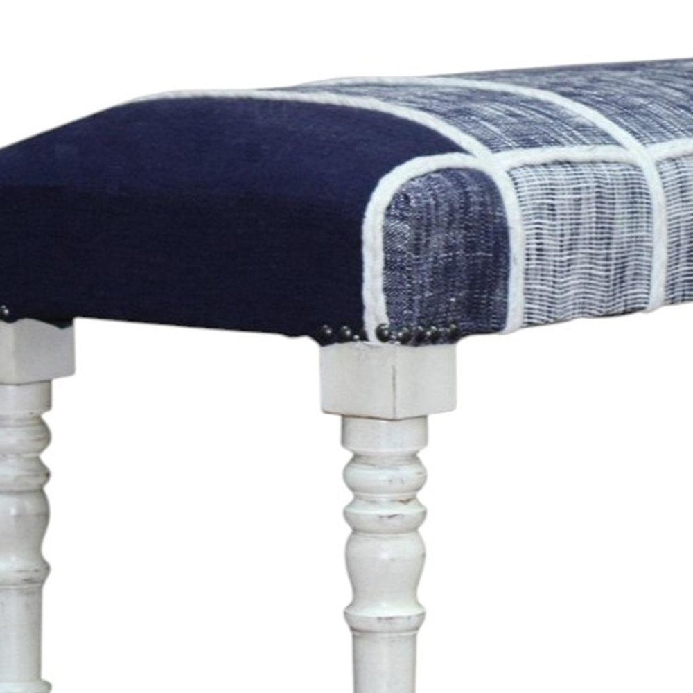 47" Navy Blue And White Cotton And Solid Wood Upholstered Bench