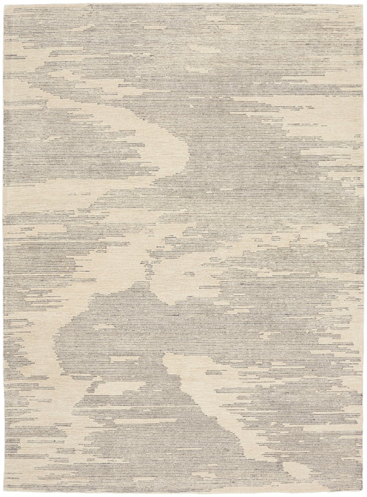 Beige area rug with soft gray cloud-like abstract pattern formed by fine horizontal lines; modern flat-weave style.
