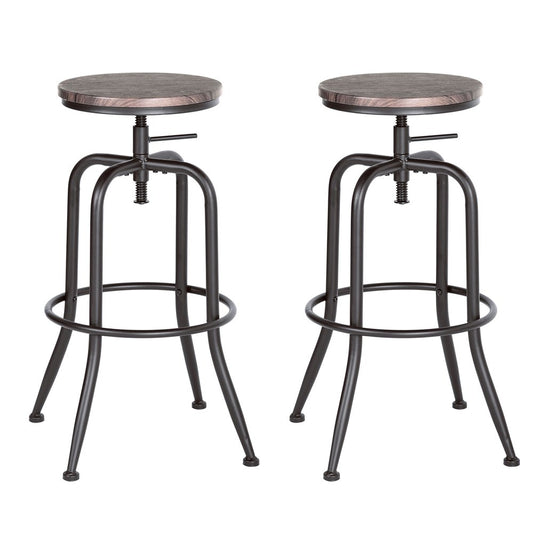 Set of Two Brown And Black Solid Wood And Steel Backless Counter Height Swivel Bar Chairs