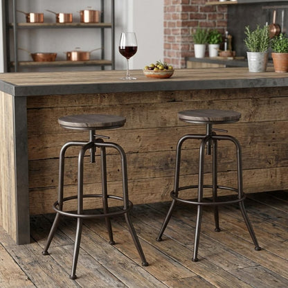 Set of Two Brown And Black Solid Wood And Steel Swivel Backless Counter Height Bar Chairs