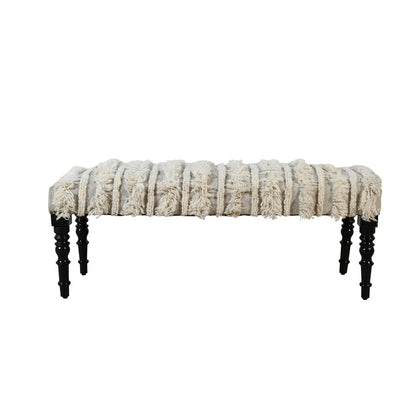 47" Cream And Black Striped Cotton Blend And Solid Wood Upholstered Bench
