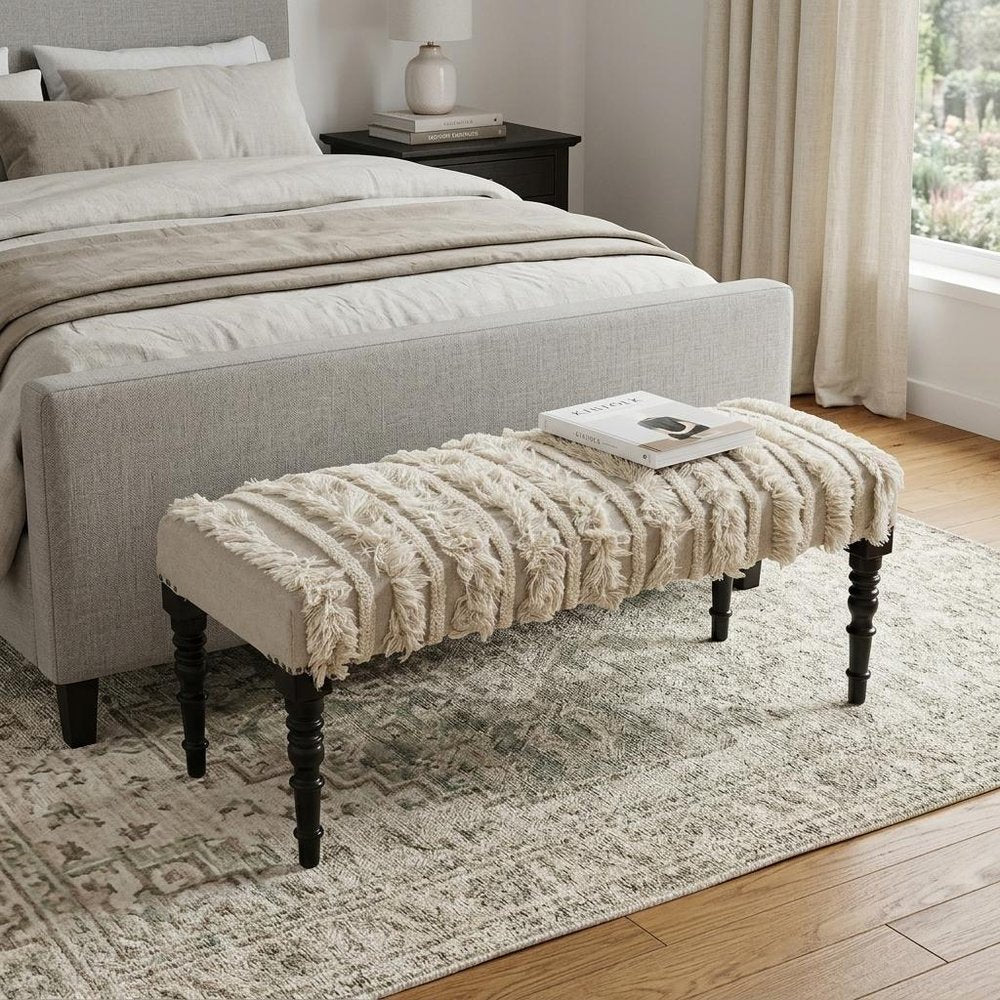 47" Cream And Black Striped Cotton Blend And Solid Wood Upholstered Bench