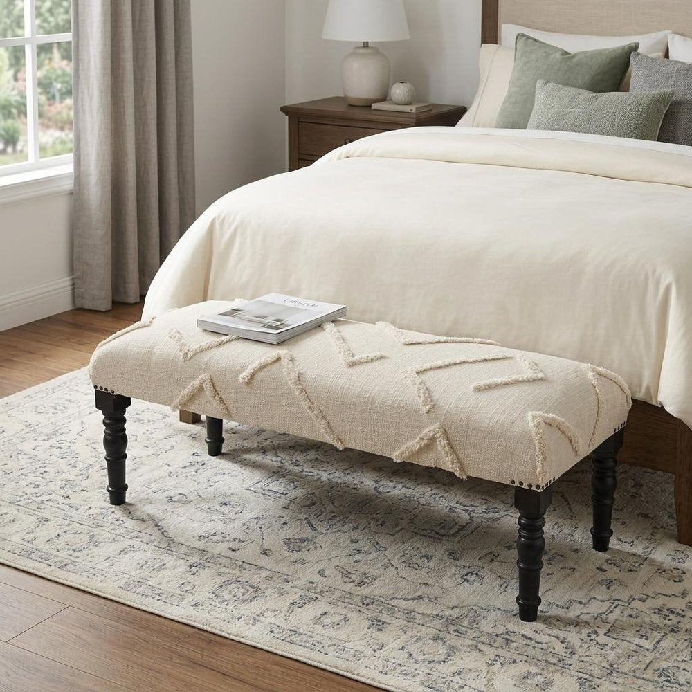 47" Cream And Black Tufted Geometric Cotton And Solid Wood Upholstered Bench