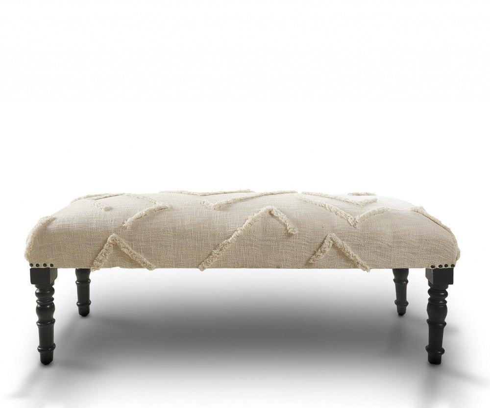 47" Cream and Black Cotton Upholstered Geometric Bench