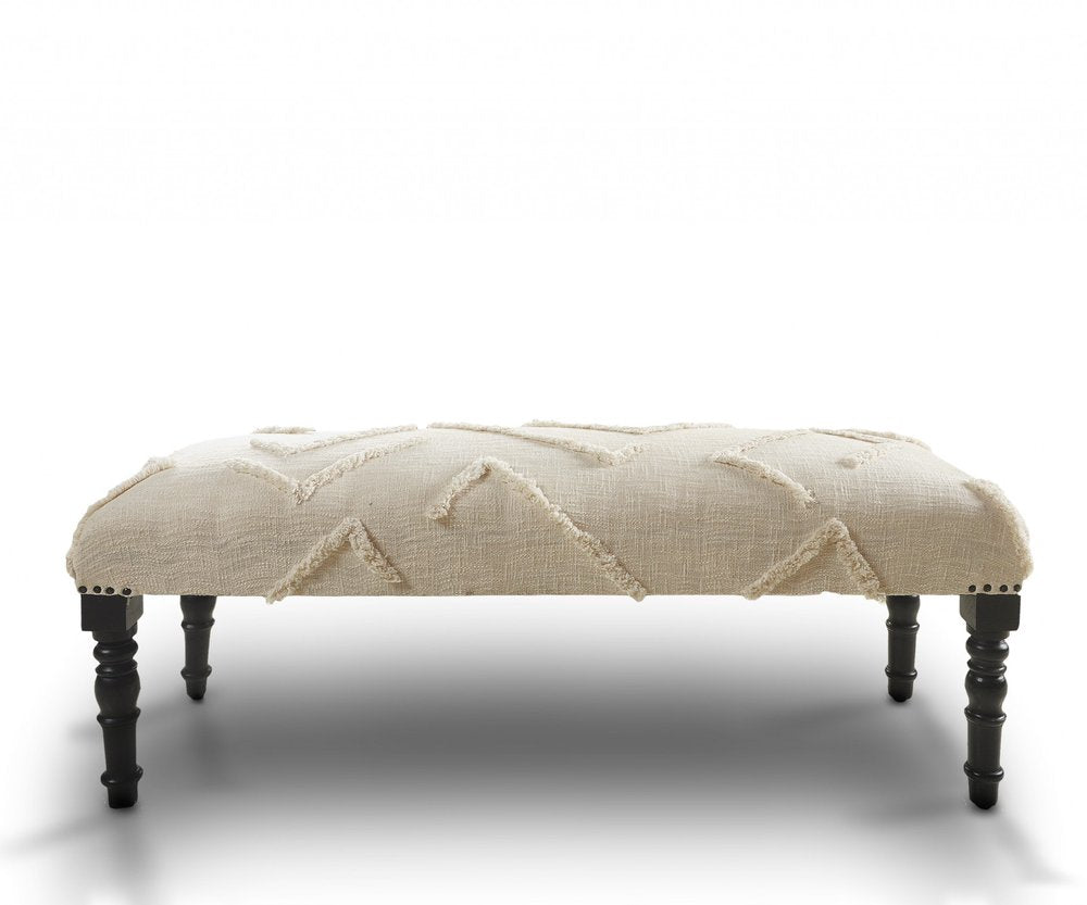 47" Cream And Black Tufted Geometric Cotton And Solid Wood Upholstered Bench