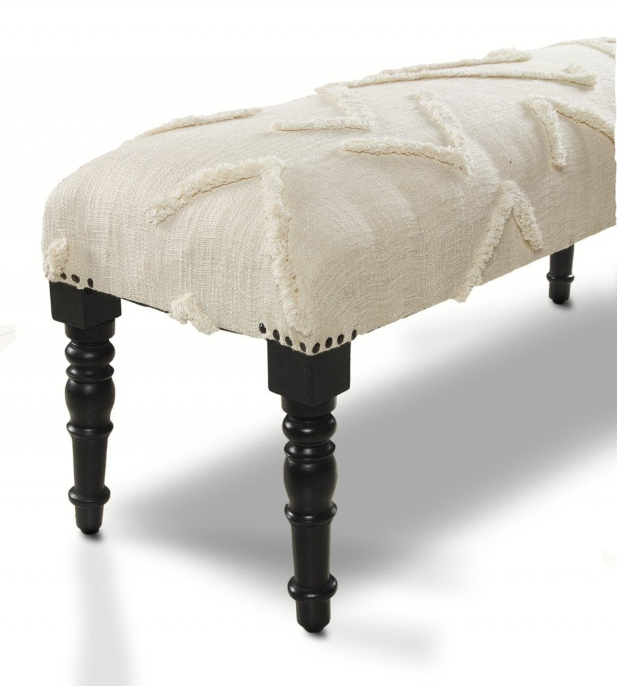 47" Cream And Black Tufted Geometric Cotton And Solid Wood Upholstered Bench