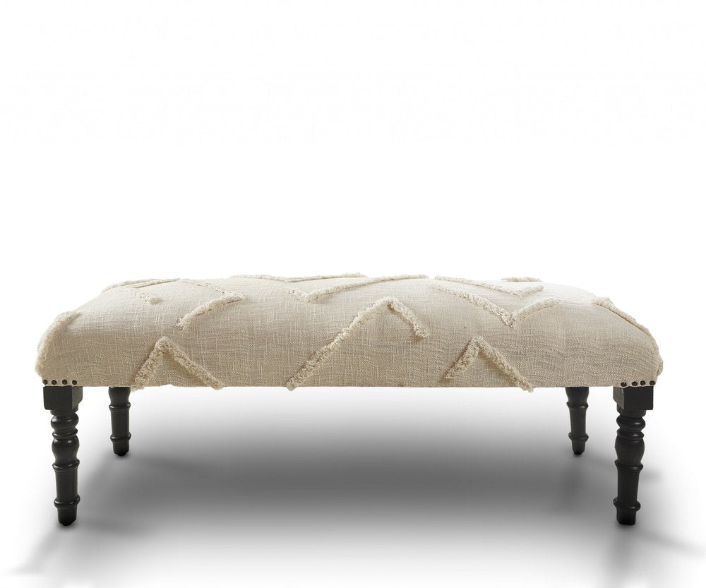 47" Cream And Black Tufted Geometric Cotton And Solid Wood Upholstered Bench