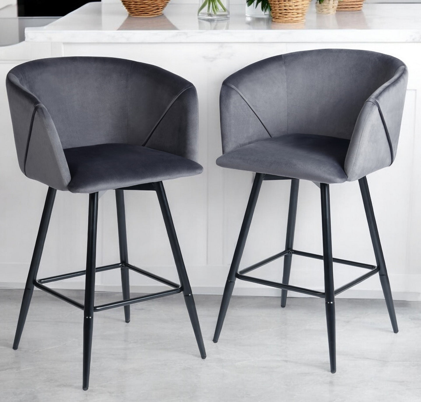 Set of Two 28" Gray And Black Velvet And Steel Bar Chairs