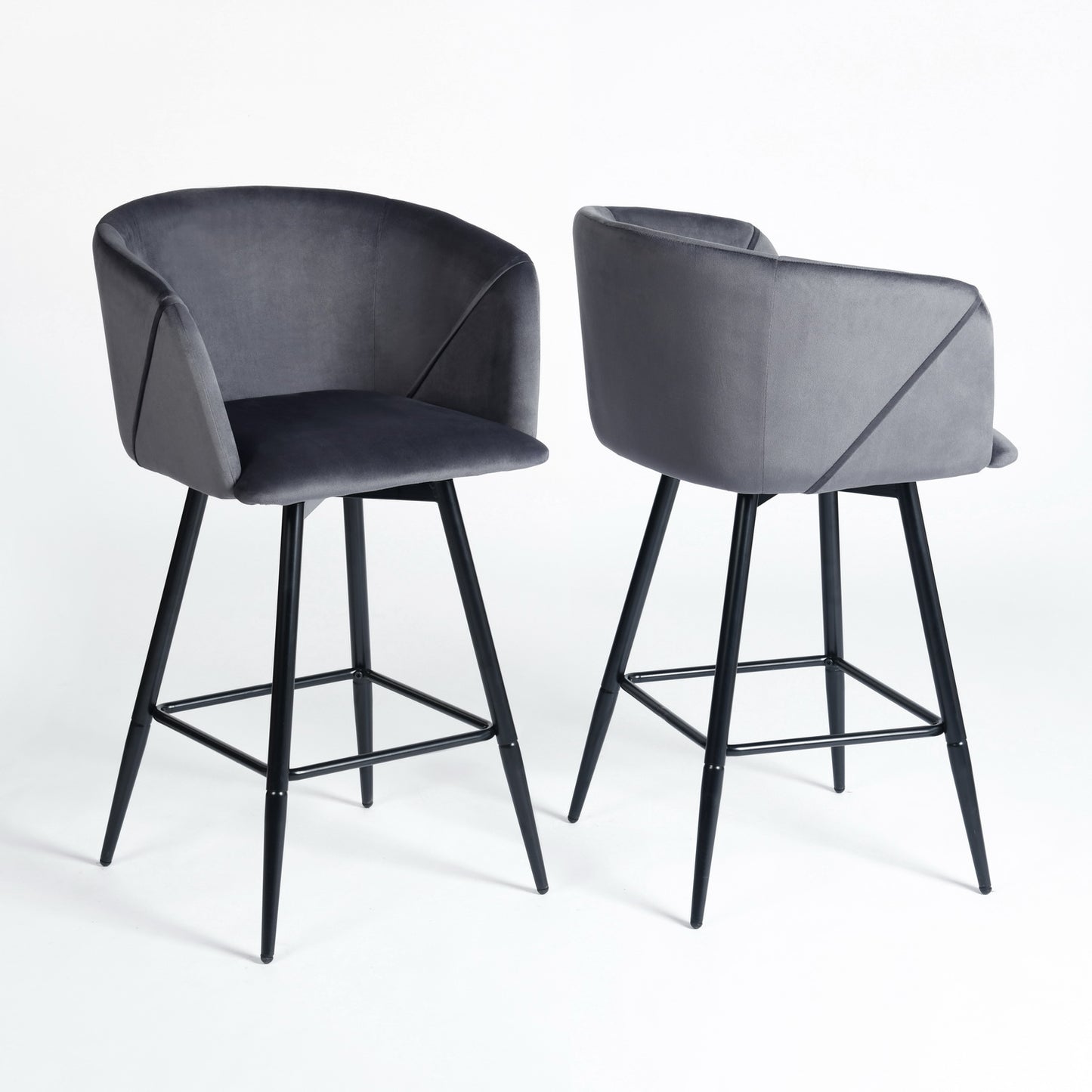 Set of Two 28" Gray And Black Velvet And Steel Bar Chairs