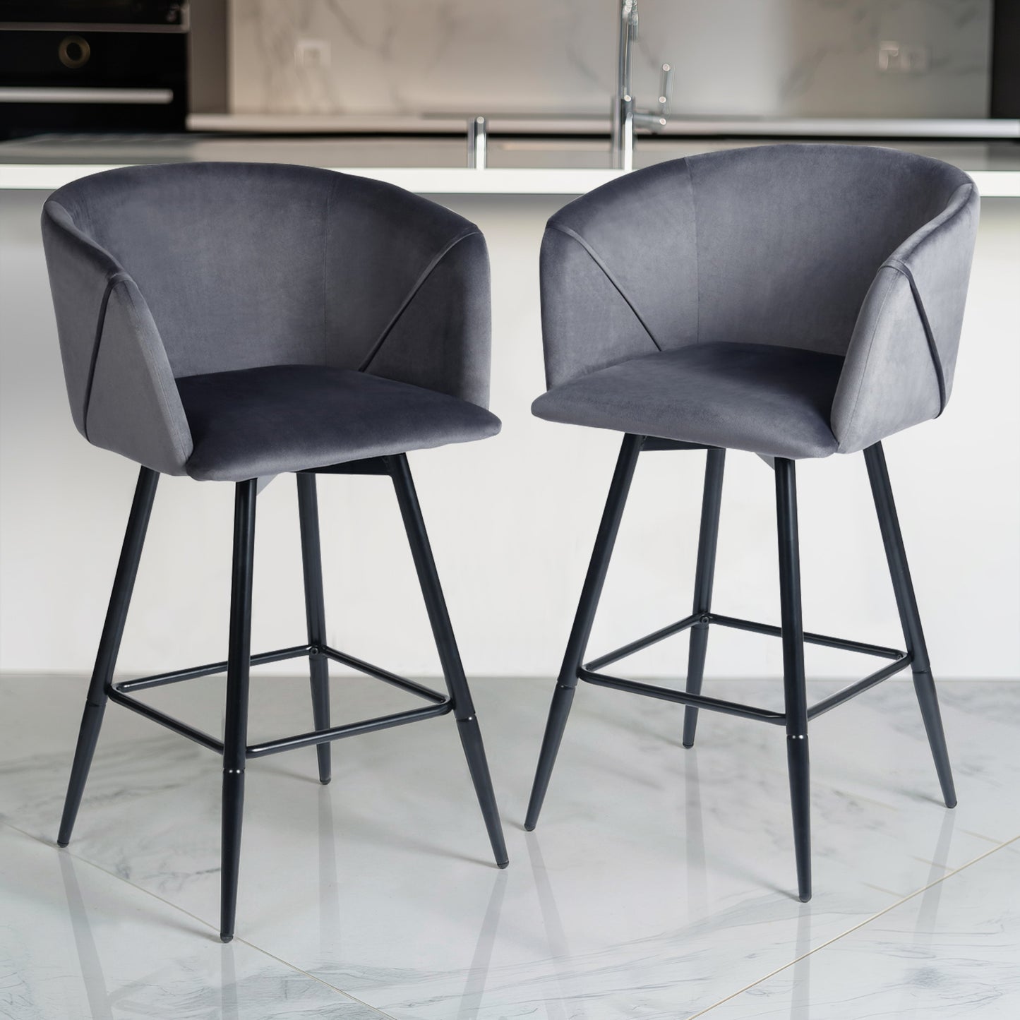 Set of Two 28" Gray And Black Velvet And Steel Bar Chairs