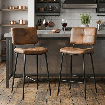 Set of Two 27" Brown And Black Steel Low Back Counter Height Bar Chairs