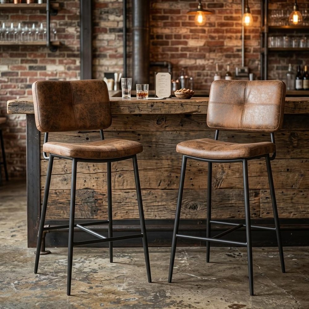 Set of Two 27" Brown And Black Suede And Steel Counter Height Bar Chairs