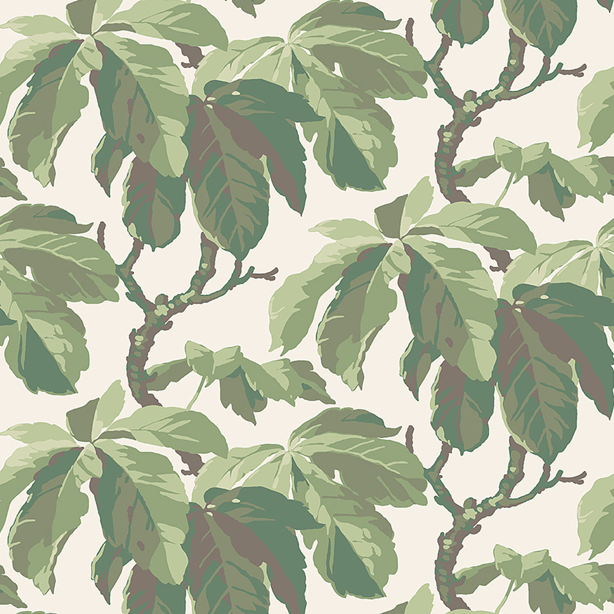 Pastel green leaf pattern wallpaper with large tropical leaves on a cream background.