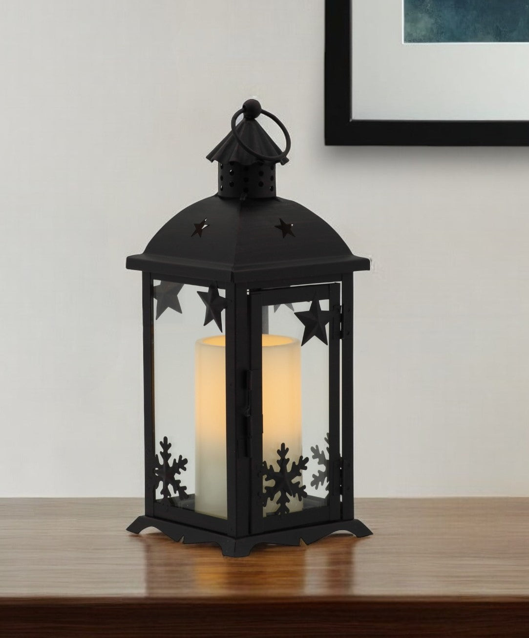 12" Black Glass and Metal Ornate Centerpiece Lantern Candle Holder With Candle