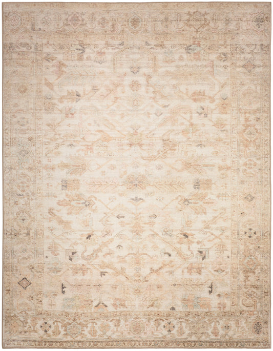 Cream-beige vintage-style oriental rug with a faded geometric floral pattern and warm tan accents.