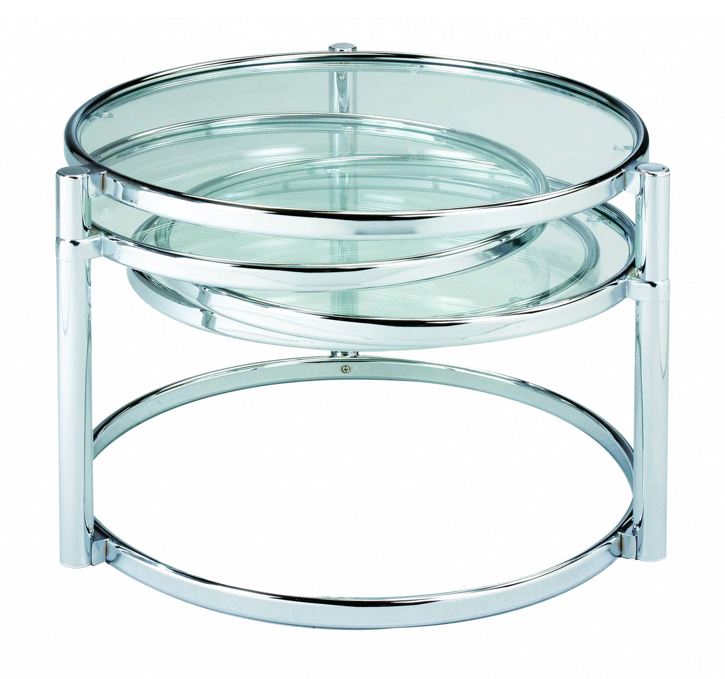 60" Clear And Silver Glass And Steel Round Nested Coffee Tables With Three Shelves