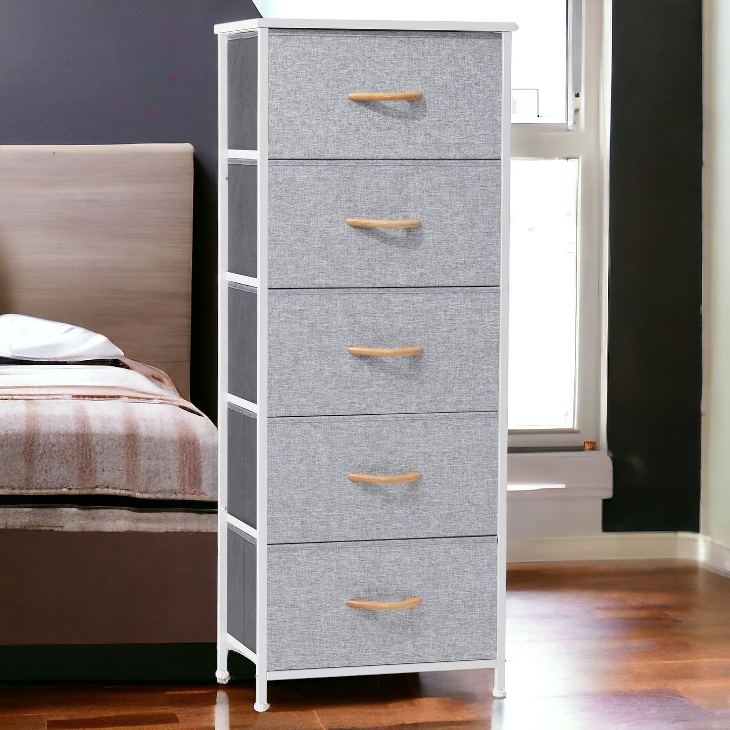 18" Gray and White Steel and Fabric Five Drawer Chest