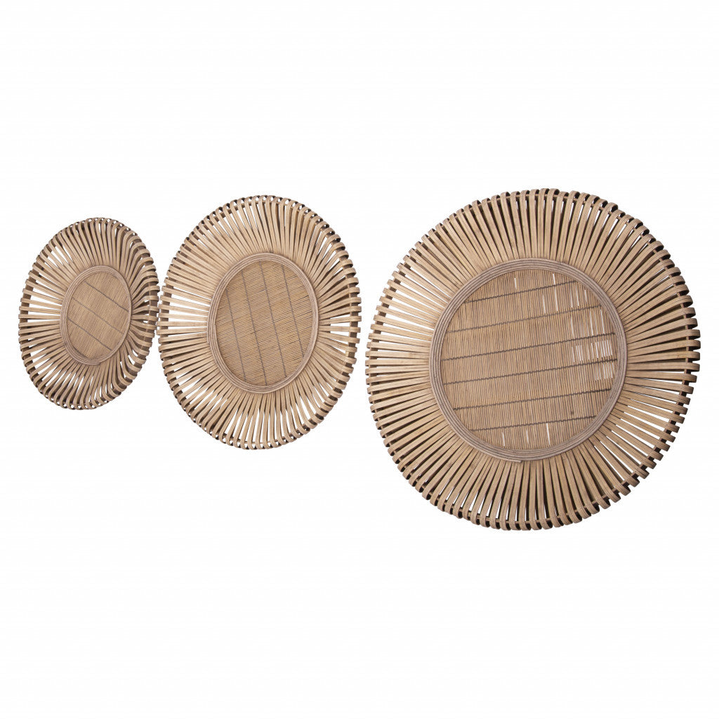 Set Of Three Natural Round Bamboo Serving Trays