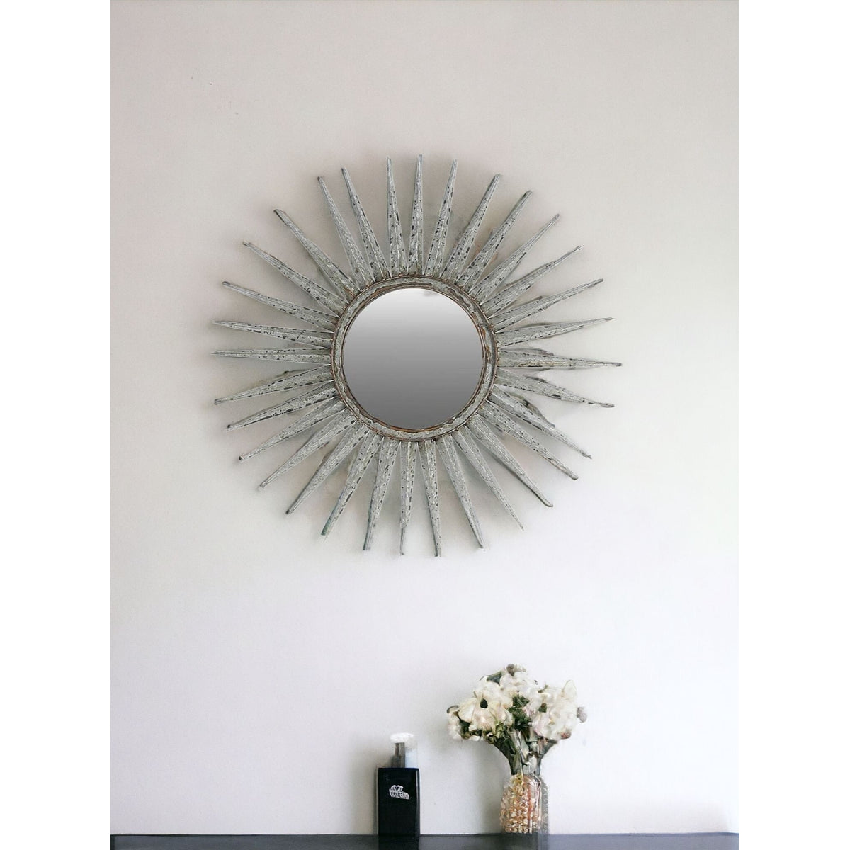 30" Antiqued Silver Gray Sunburst Wall Mounted Accent Mirror