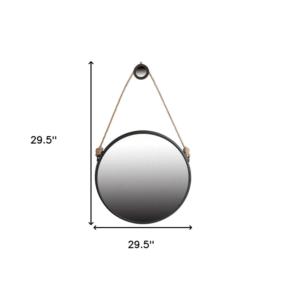30" Black Fame Round Wall Hanging Accent Mirror with Rope