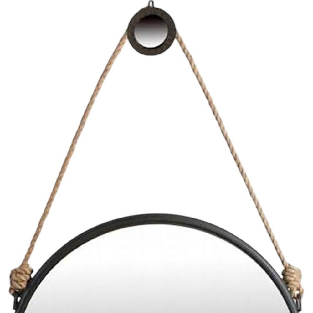 30" Black Fame Round Wall Hanging Accent Mirror with Rope