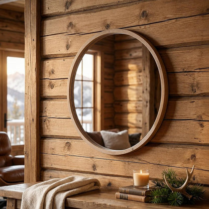 28" Brown Solid Wood Round Framed Accent Mirror