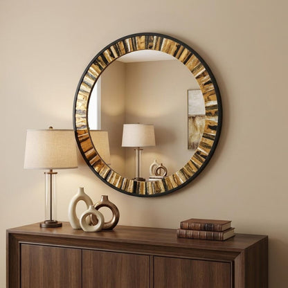 32" Brown and Black Faux Stone Round Framed Accent Mirror