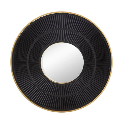 Round black pleated cosmetic compact with a gold rim and central silver mirror.