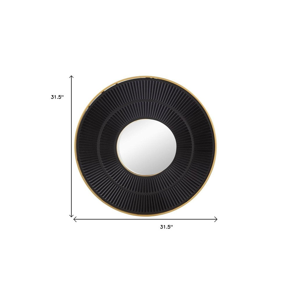 32" Black And Gold Round Wood And Metal Framed Accent Mirror