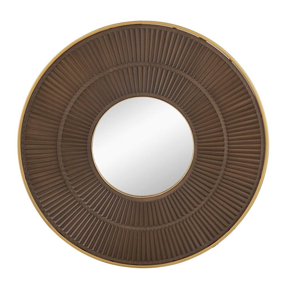 32" Brown And Gold Round Wood And Metal Framed Accent Mirror