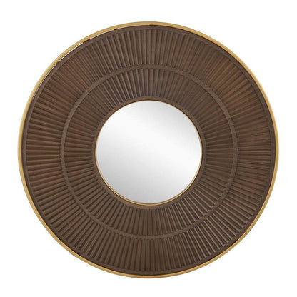 32" Brown And Gold Round Wood And Metal Framed Accent Mirror