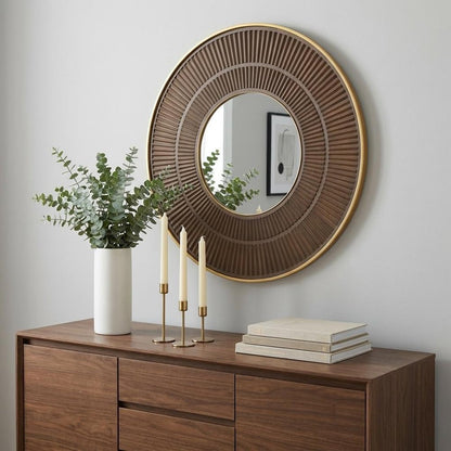 32" Brown And Gold Round Wood And Metal Framed Accent Mirror