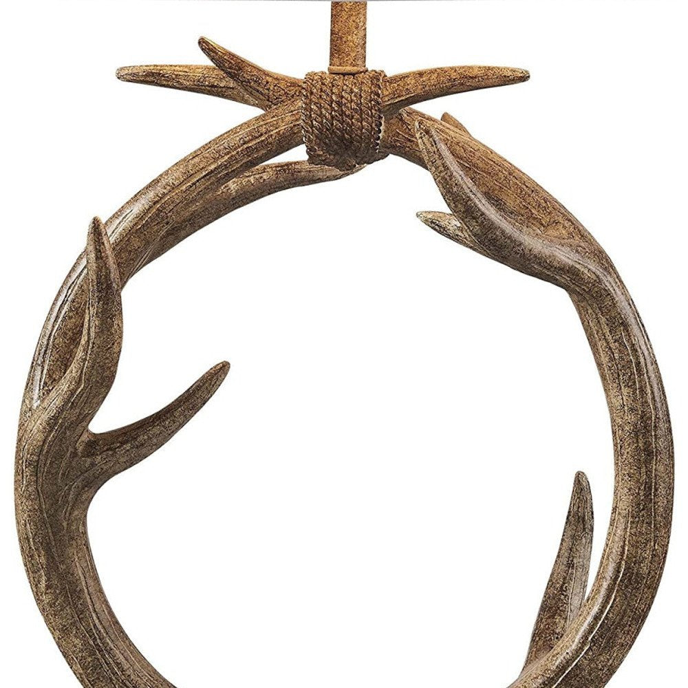 27-inch brown rustic faux antlers table lamp with white drum shade