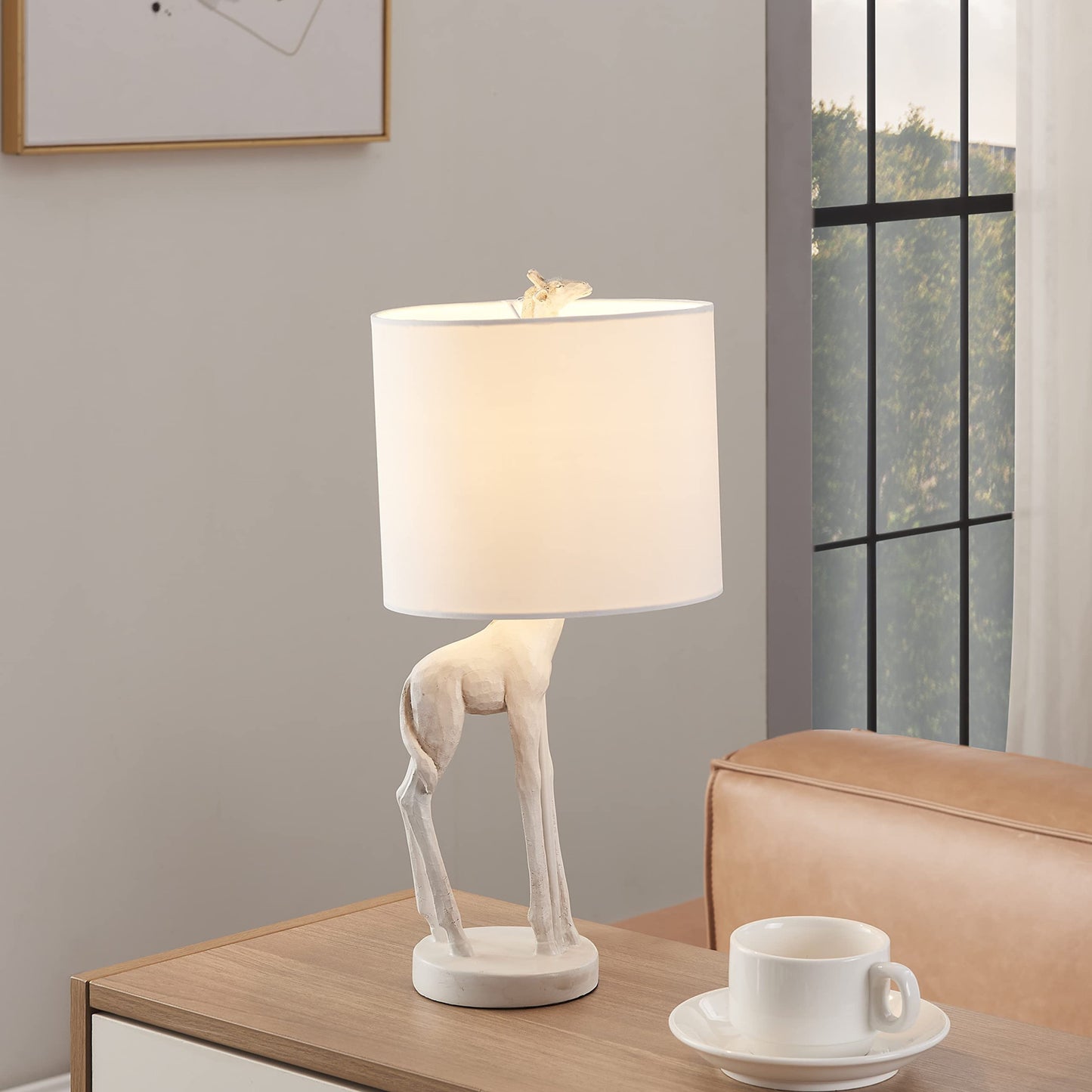 17" White Textured Giraffe Table Lamp With White Drum Shade