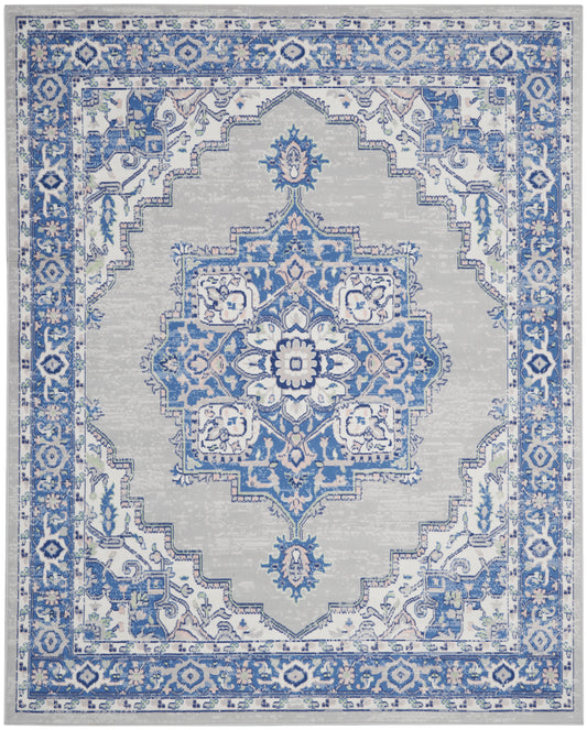 Blue and gray oriental area rug with a central medallion, ornate floral motifs and decorative border.