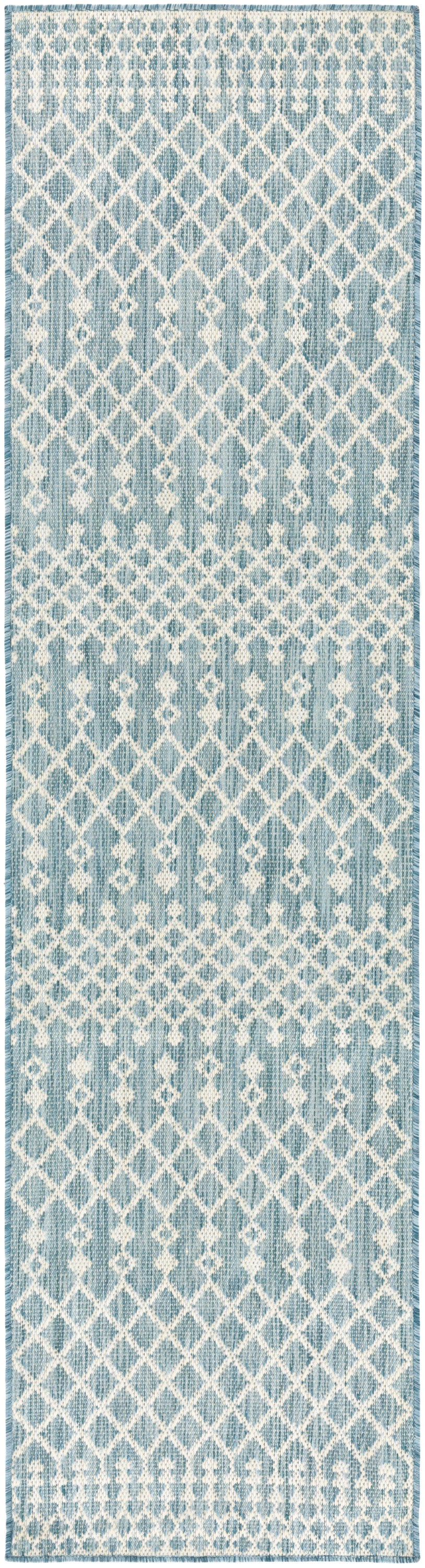 Blue and white ikat-patterned rug runner with diamond lattice; 8' long, narrow, woven hallway rug.
