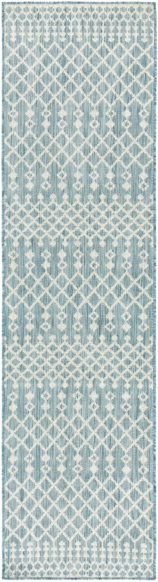 Blue and white ikat-patterned rug runner with diamond lattice; 8' long, narrow, woven hallway rug.