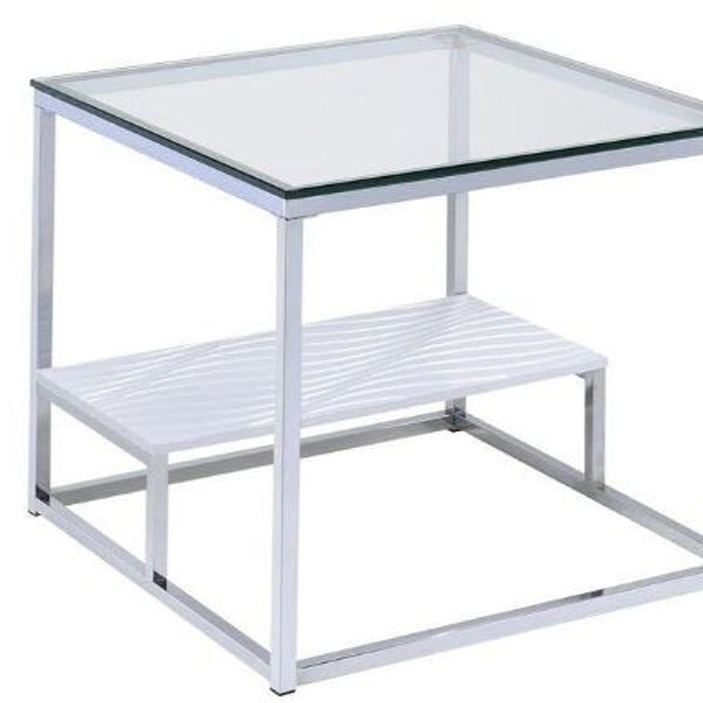 22" Chrome And Clear Glass Square End Table With Shelf