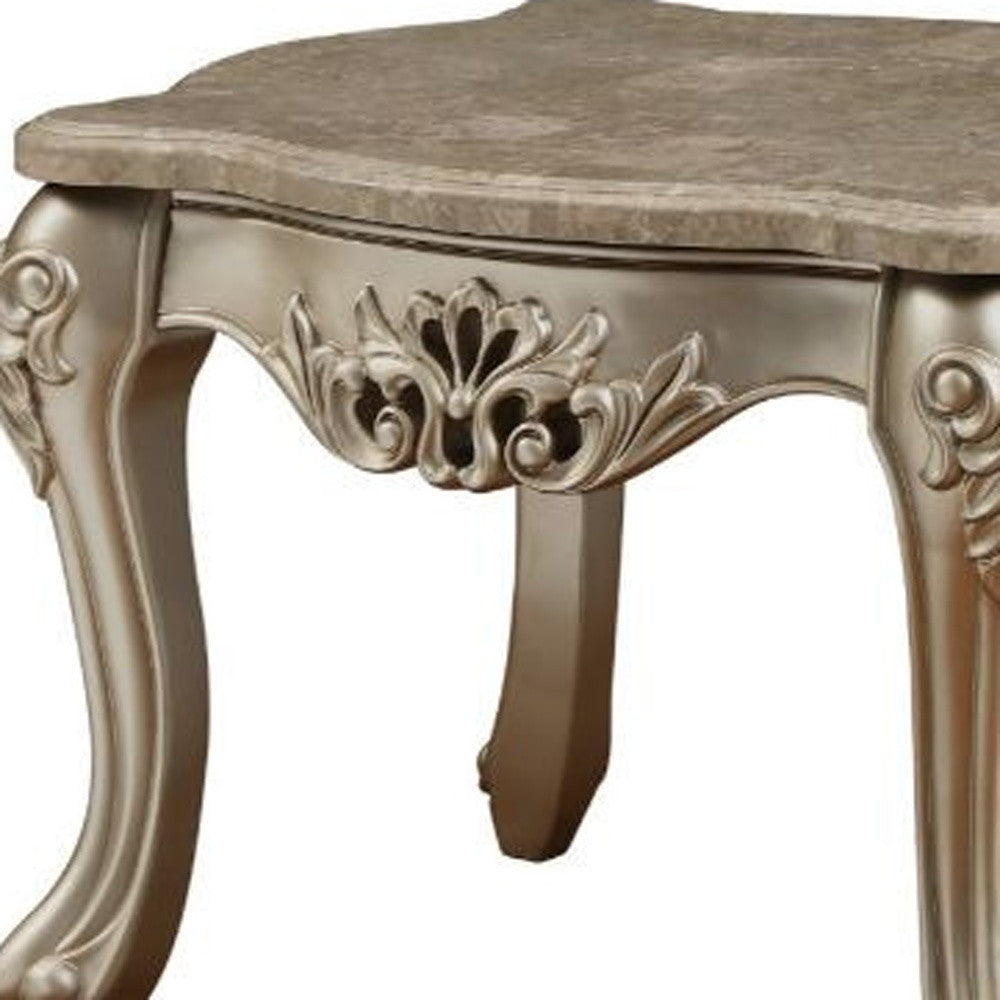 25" Champagne And Marble Marble And Solid Wood Square End Table