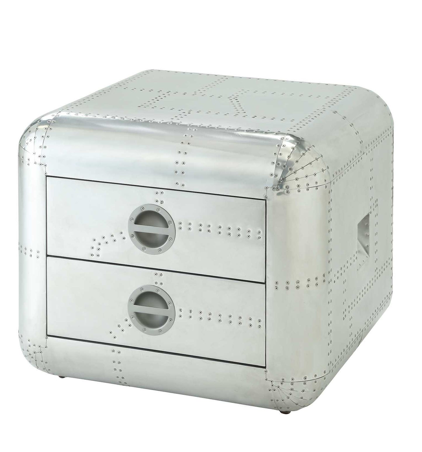 22" Silver Aluminum Aviator Trunk Style Square End Table With Two Drawers