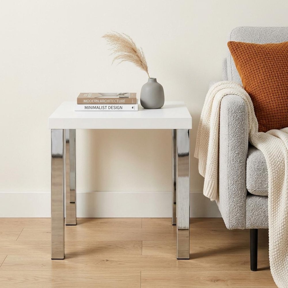 22" Chrome And White High Gloss Square End Table