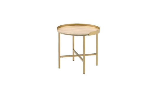 22" Oak And Gold Wood And Iron Round Sled End Table