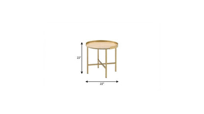 22" Gold And Oak Manufactured Wood And Metal Round End Table