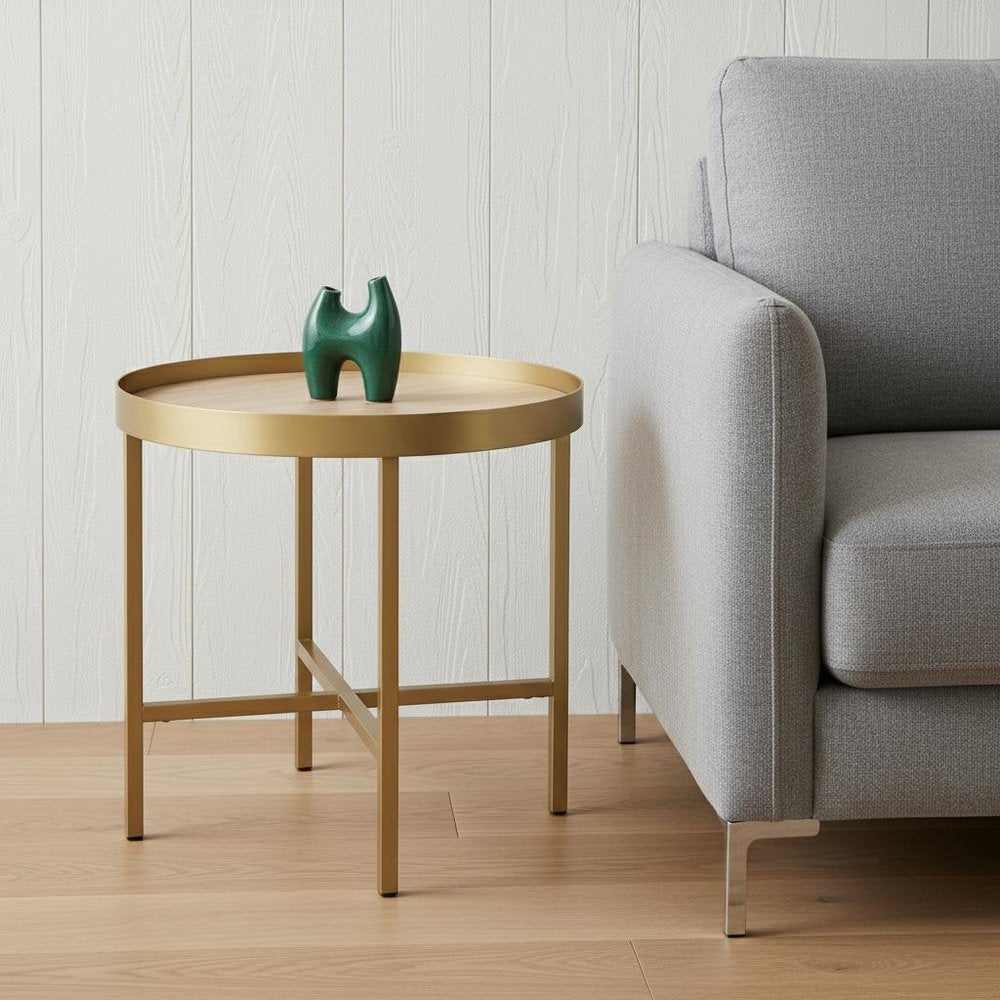 22" Gold And Oak Manufactured Wood And Metal Round End Table