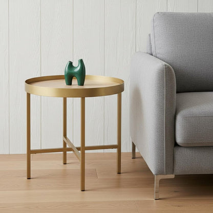 22" Gold And Oak Manufactured Wood And Metal Round End Table