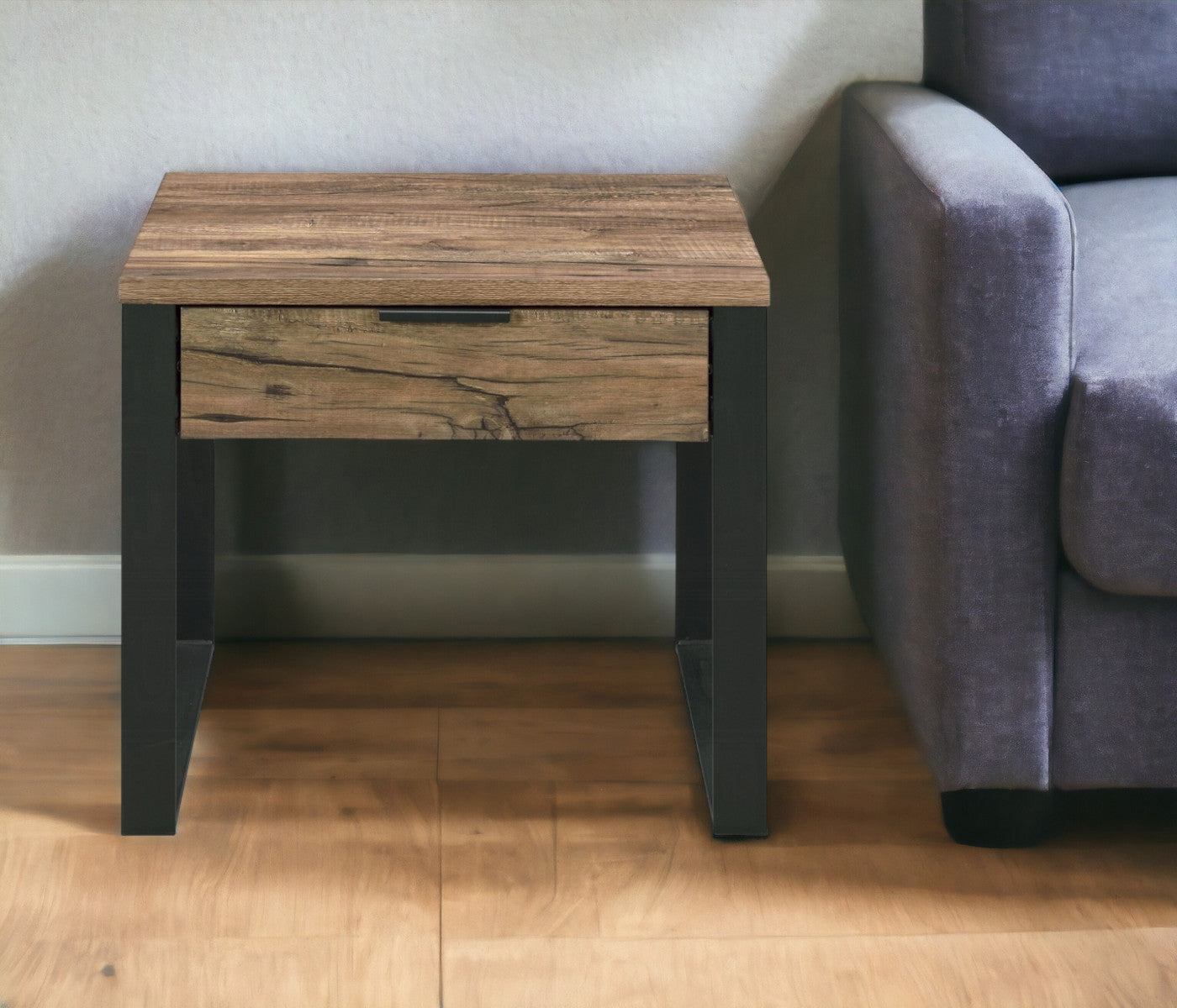 22" Black And Weathered Oak Square End Table With Drawer